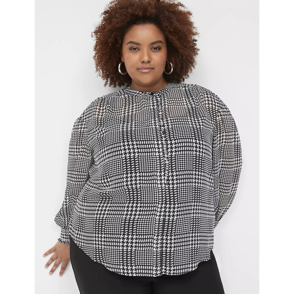 Lane Bryant Houndstooth Ruffle Button Down Chiffon Top Size 14 Black & White - Picture 1 of 12